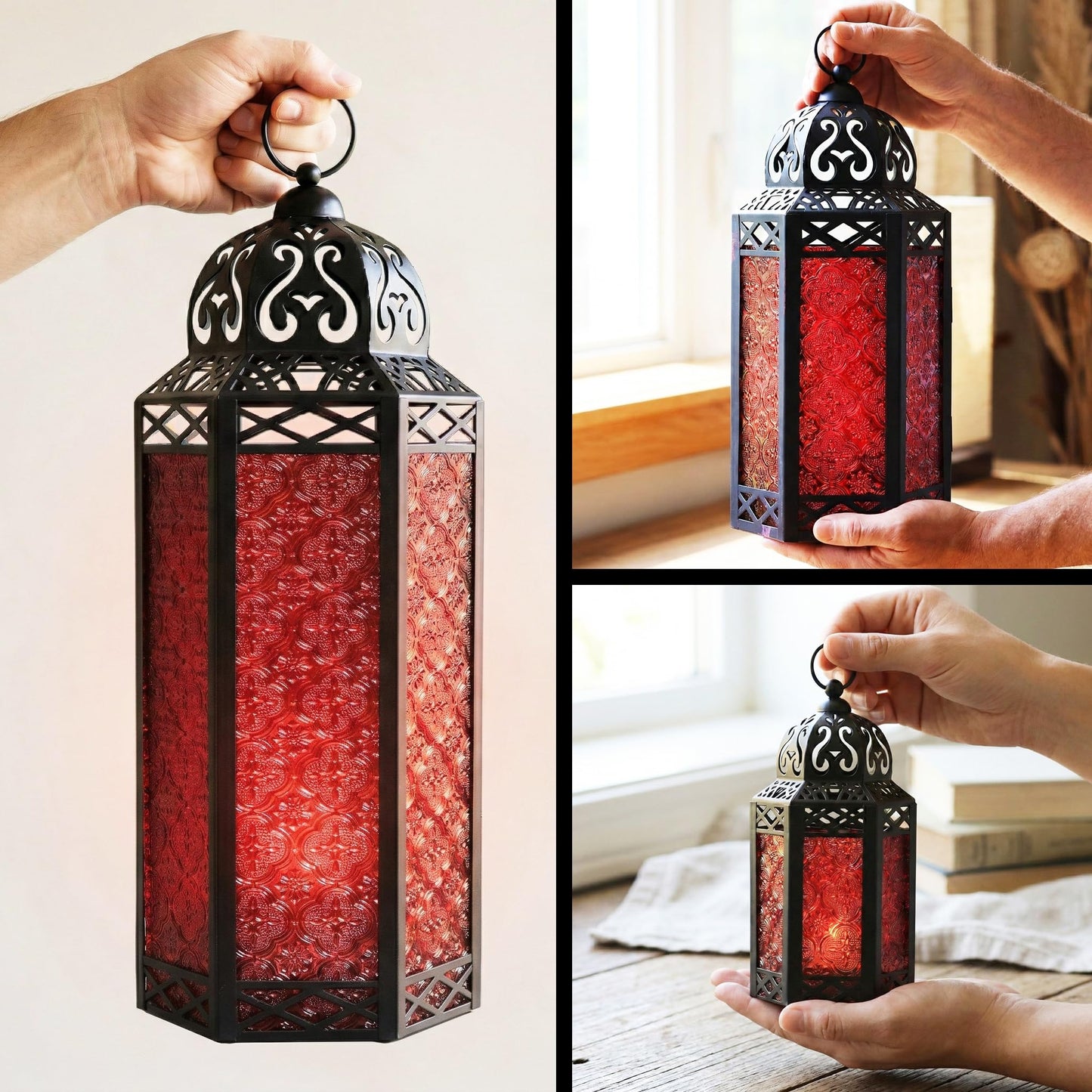 Set of 3 Red Glass & Black Metal Moroccan Candle Lantern Holders (XL, Large, Small) - Decorative Indoor/Outdoor Decor for Patio, Floor, Weddings & Ramadan - Red XL-LAR-SM - PT04