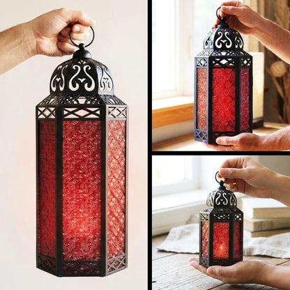 Set of 3 Red Glass & Black Metal Moroccan Candle Lantern Holders (XL, Large, Small) - Decorative Indoor/Outdoor Decor for Patio, Floor, Weddings & Ramadan - Red XL-LAR-SM - PT04