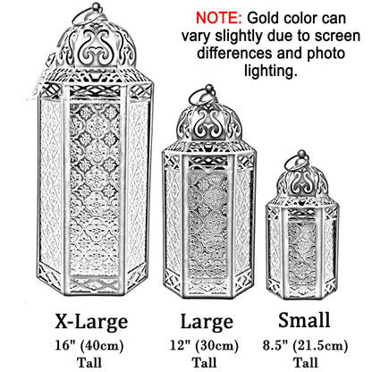 Set of 3 Clear Glass & Gold Metal Moroccan Candle Lantern Holders (XL, Large, Small) - Decorative Indoor/Outdoor Decor for Patio, Floor, Weddings & Ramadan - Gold 3 unidades - PT04