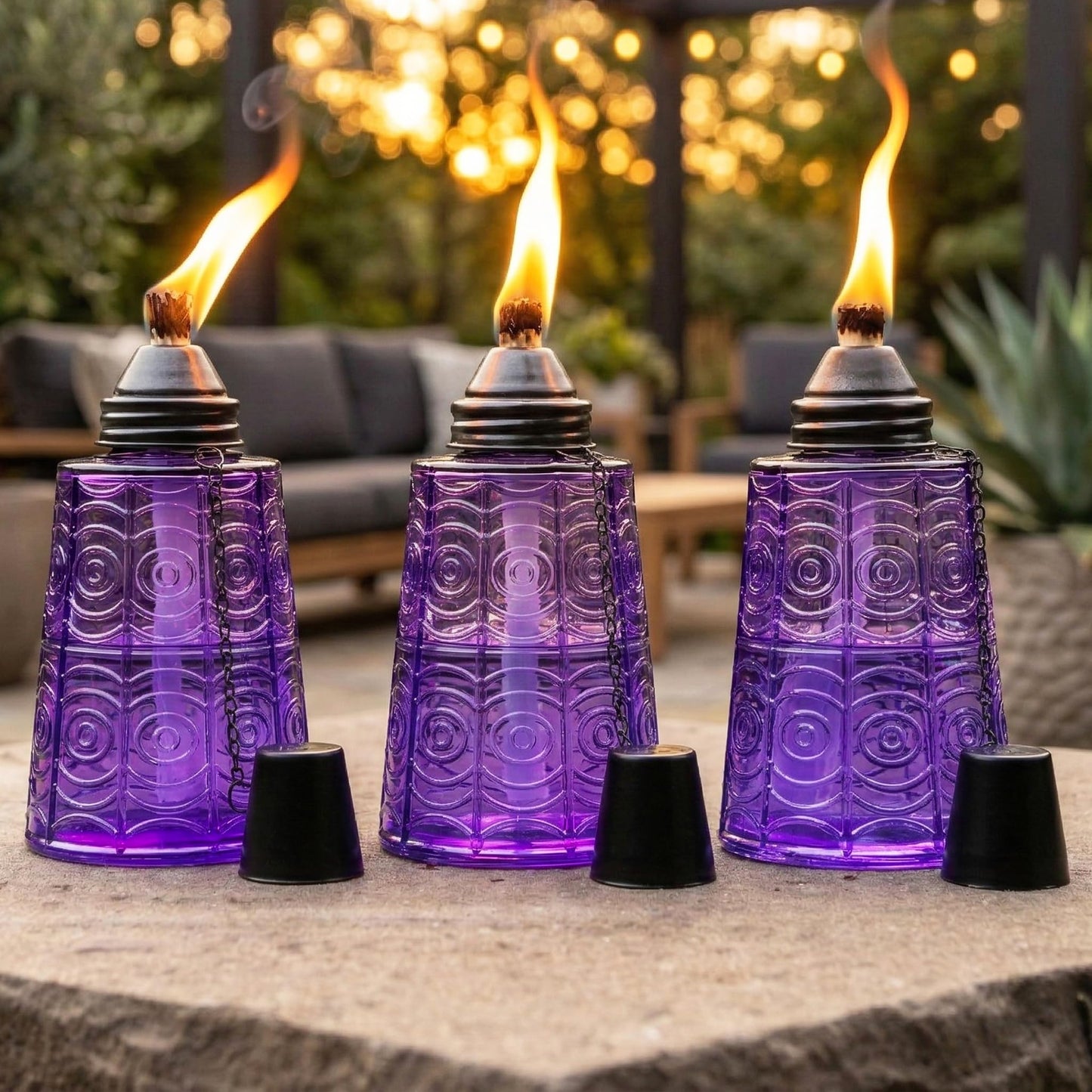 Citronella Table Top Torches for Outdoor Patio, 16oz Decorative Glass Torch Citronella Candles for Outside Deck, Garden, Parties, Set of 3, Purple - Purple - MAIN