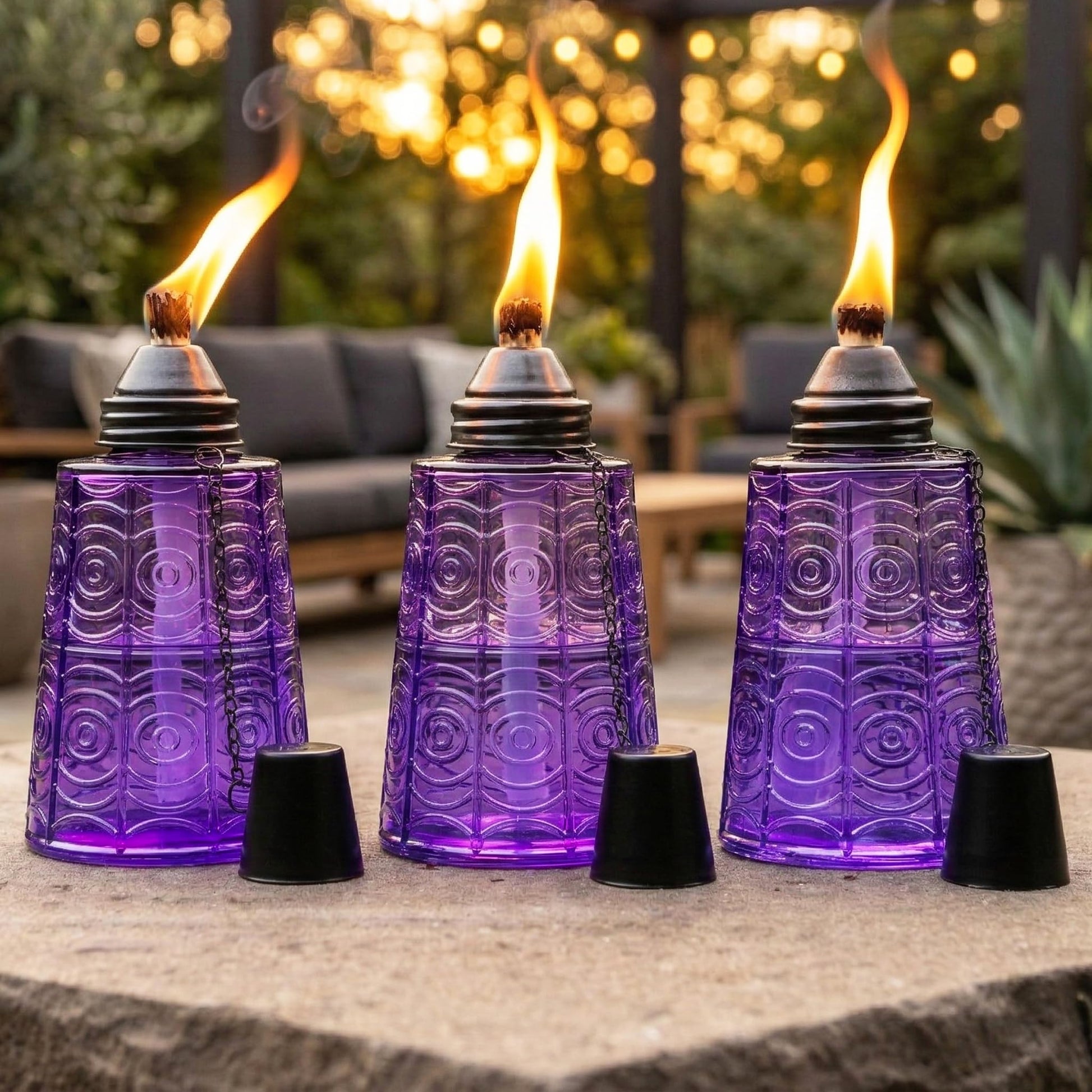 Citronella Table Top Torches for Outdoor Patio, 16oz Decorative Glass Torch Citronella Candles for Outside Deck, Garden, Parties, Set of 3, Purple - Purple - MAIN