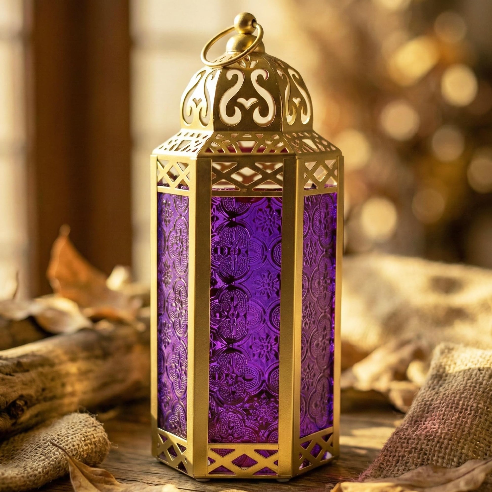 Gold Metal Decorative Moroccan Lantern Candle Holder Lamp - Indoor/Outdoor, Home Decor, Patio, Weddings, Christmas - Gold/Purple Medium - MAIN