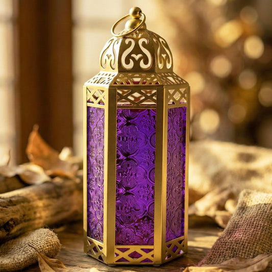 Gold Metal Decorative Moroccan Lantern Candle Holder Lamp - Indoor/Outdoor, Home Decor, Patio, Weddings, Christmas - Gold/Purple Medium - MAIN