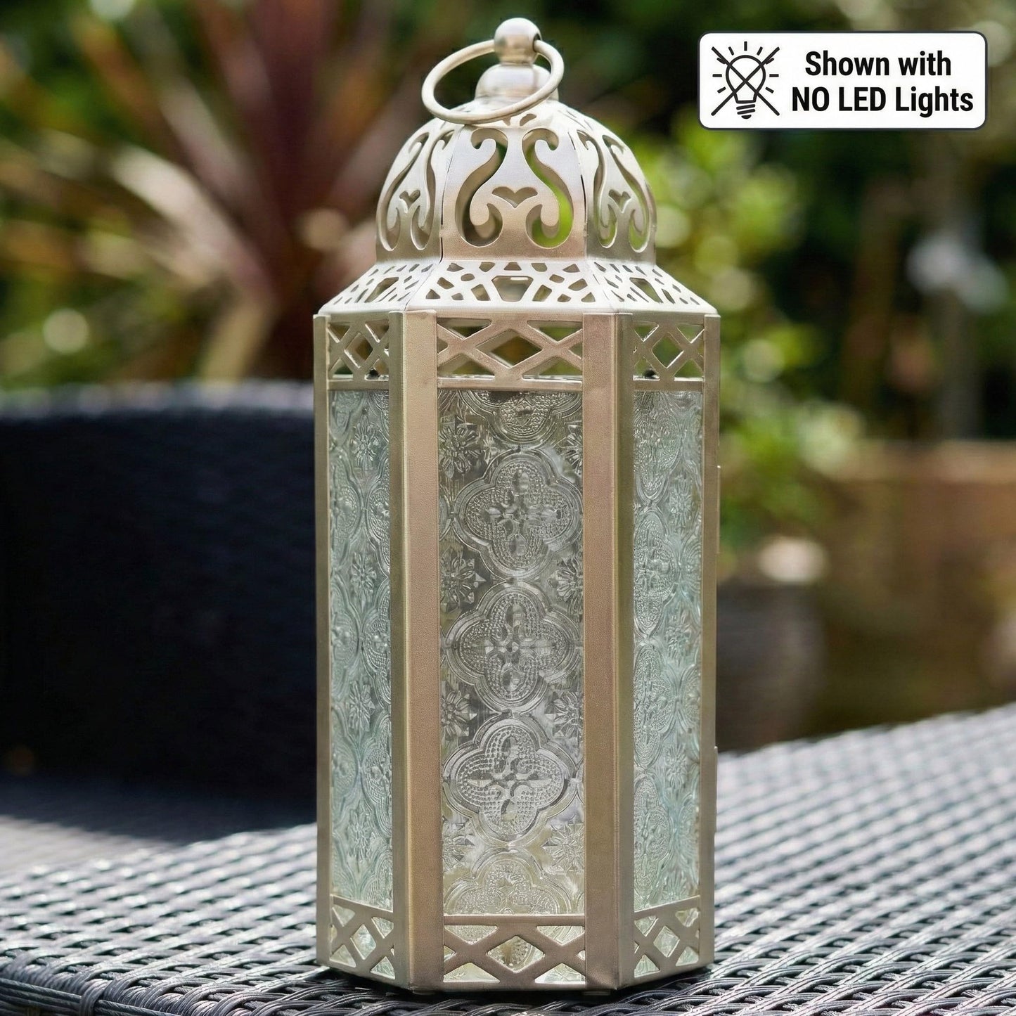 Metal Moroccan Decorative LED Fairy Lights Candle Lantern Holders for Indoor Home Fantasy Decor, Table Centerpieces, Outdoor Patio or Porch, Weddings, Medium - White Gold Medium - PT04