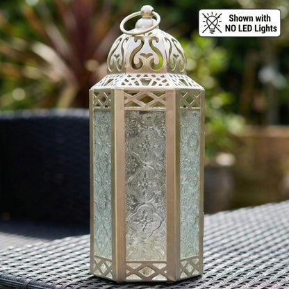 Metal Moroccan Decorative LED Fairy Lights Candle Lantern Holders for Indoor Home Fantasy Decor, Table Centerpieces, Outdoor Patio or Porch, Weddings, Medium - White Gold Medium - PT04