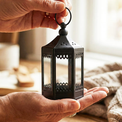 6pc Mini Small 4.5 Inch Metal Moroccan Lanterns Decorative Candle Tealight Holders for Centerpieces, Ramadan, Home Decor, Weddings, Black - Black Set of 6 - PT04