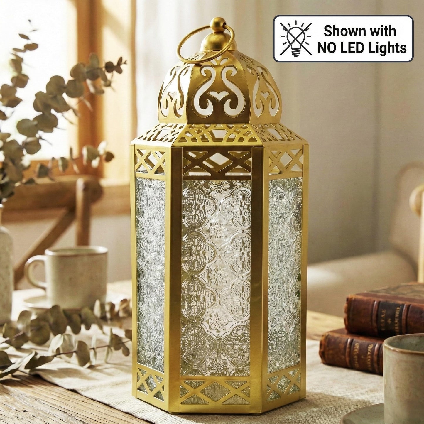 12” Gold Metal Moroccan Decorative Candle Lantern with White LED Twinkle Fairy Lights & Remote – Wedding Table Centerpieces, Ramadan, Indoor Home Decor, Outdoor - Gold Large - PT06