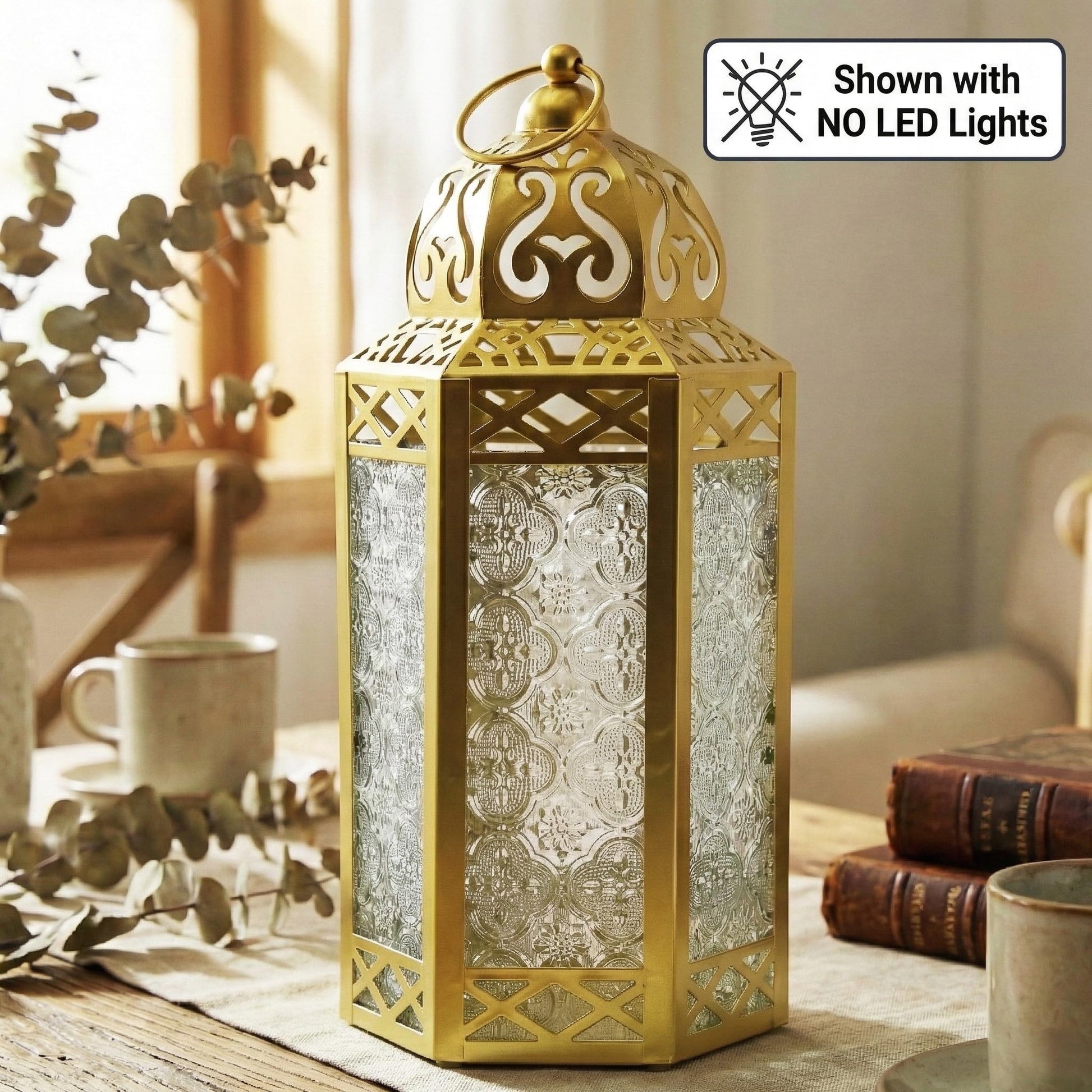 12” Gold Metal Moroccan Decorative Candle Lantern with White LED Twinkle Fairy Lights & Remote – Wedding Table Centerpieces, Ramadan, Indoor Home Decor, Outdoor - Gold Large - PT06