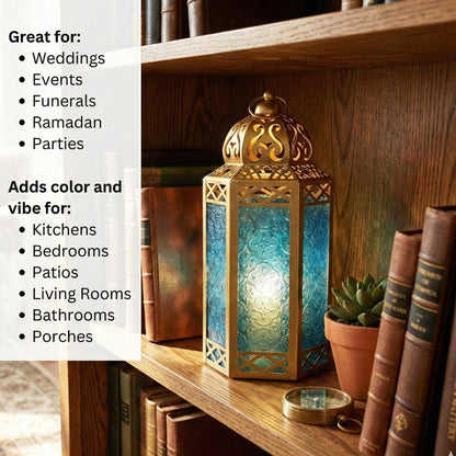 Gold Metal Decorative Moroccan Lantern Candle Holder Lamp - Indoor/Outdoor, Home Decor, Patio, Weddings, Christmas - Gold/Blue Large - PT05