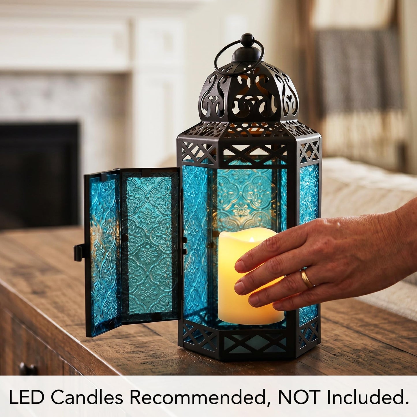 Black Metal Decorative Moroccan Lantern Candle Holder Lamp - Indoor/Outdoor, Home Decor, Patio, Weddings, Christmas - Blue Large - PT08