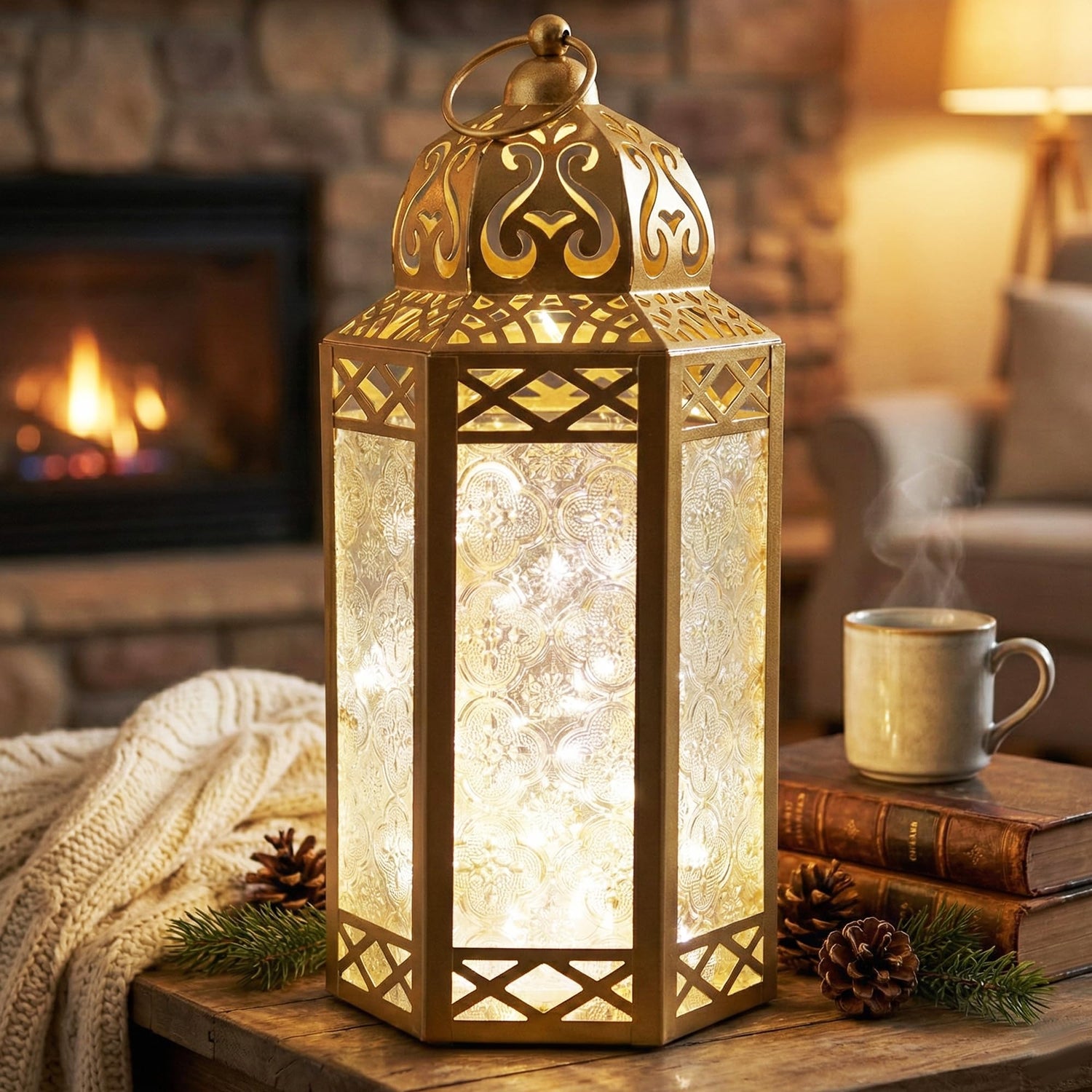 12” Gold Metal Moroccan Decorative Candle Lantern with White LED Twinkle Fairy Lights & Remote – Wedding Table Centerpieces, Ramadan, Indoor Home Decor, Outdoor - Gold Large - MAIN