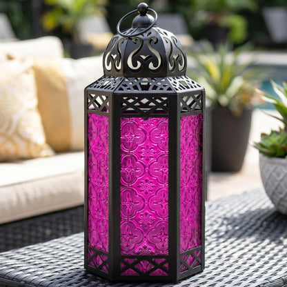 Black Metal Decorative Moroccan Lantern Candle Holder Lamp - Indoor/Outdoor, Home Decor, Patio, Weddings, Christmas - Pink Large - PT01