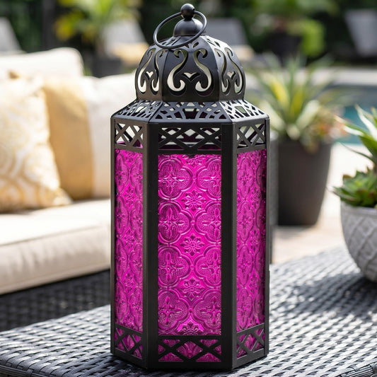 Black Metal Decorative Moroccan Lantern Candle Holder Lamp - Indoor/Outdoor, Home Decor, Patio, Weddings, Christmas - Pink Large - PT01