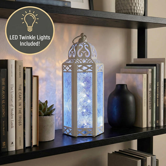 Metal Moroccan Decorative LED Fairy Lights Candle Lantern Holders for Indoor Home Fantasy Decor, Table Centerpieces, Outdoor Patio or Porch, Weddings, Medium - White Medium - PT01