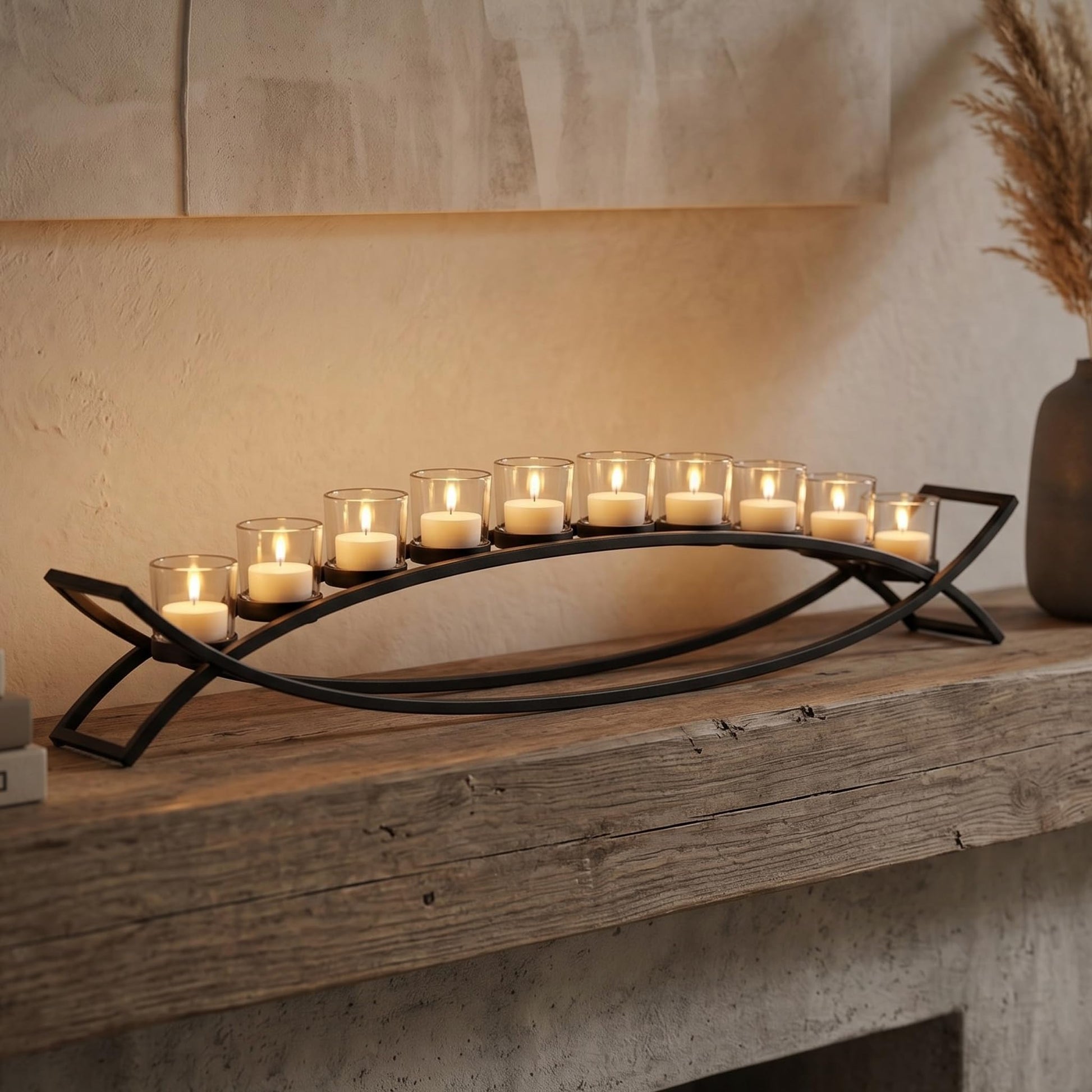36" Extra Long Iron Arch Table Centerpiece Decorations Long Candle Holder for Mantels, Patio, Kitchen, Dining Room, and Coffee Tables, Black, Clear Chunky 10 Cu - Black/Clear 10 Cup - PT06