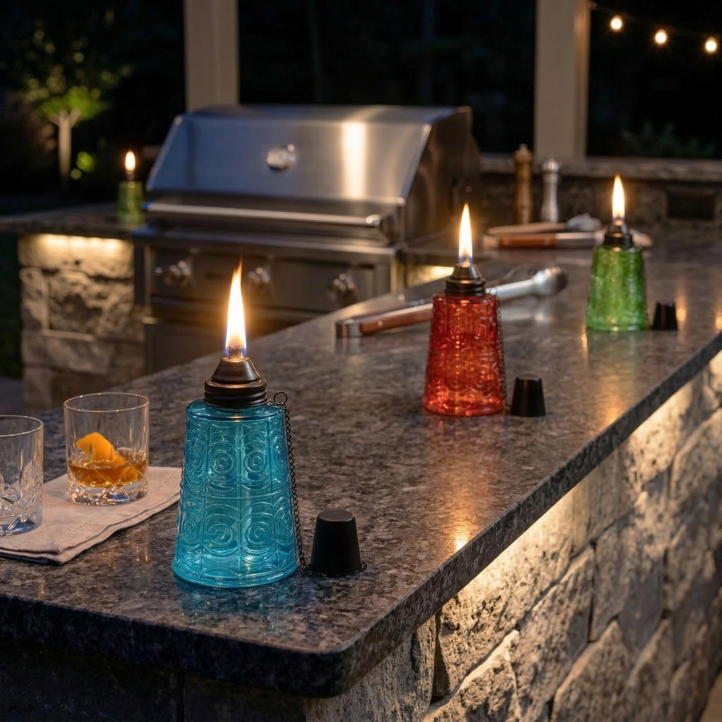 Citronella Table Top Torches for Outdoor Patio, 16oz Decorative Glass Torch Citronella Candles for Outside Deck, Garden, Parties, Set of 3, Blue/Amber/Green - Blue/Amber/Green - PT06