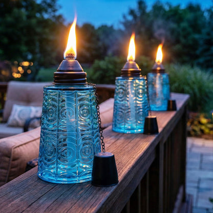 Citronella Table Top Torches for Outdoor Patio, 16oz Decorative Glass Torch Citronella Candles for Outside Deck, Garden, Parties, Set of 3, Blue - Blue - PT07