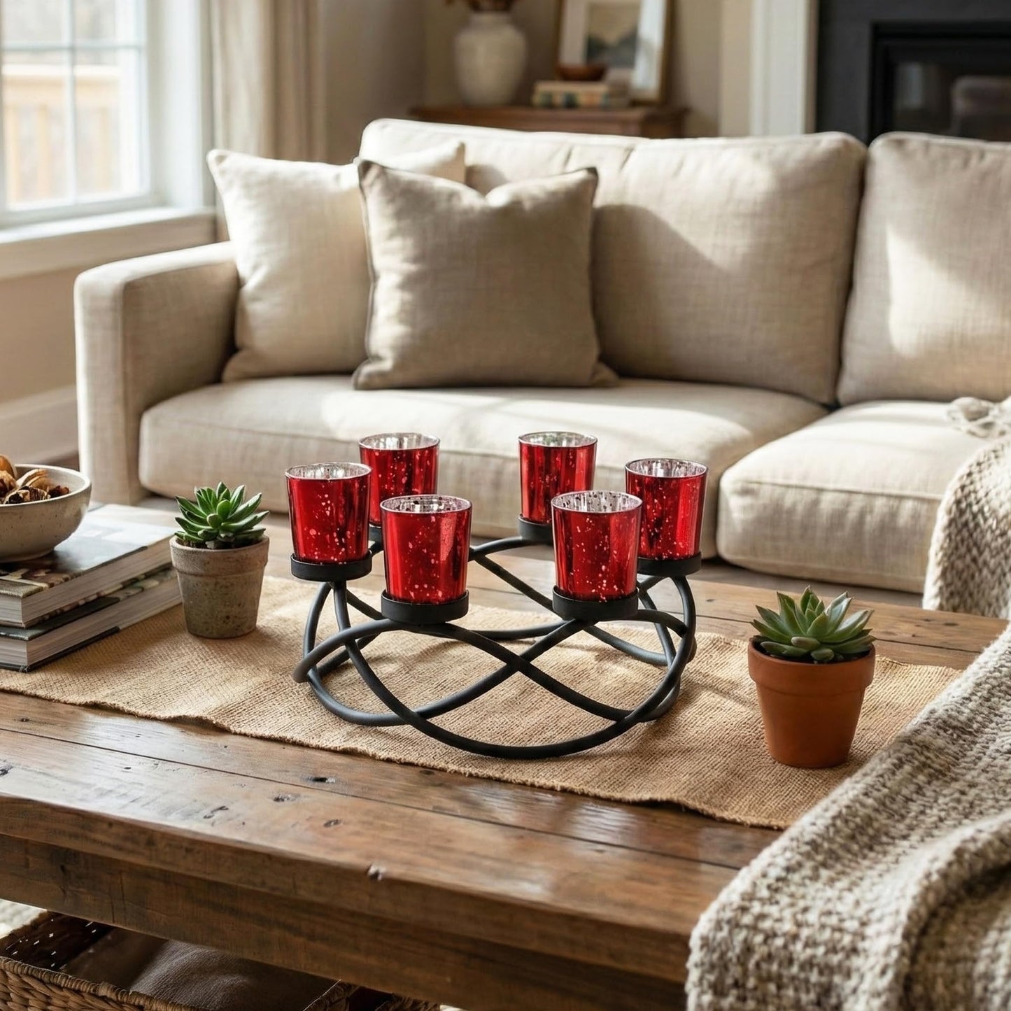 Iron Round Votive Tealight Candle Holder Centerpiece for Halloween and Christmas Decorations - Table Decor for Weddings, Outdoor Patio, Kitchen, and Coffee Tabl - Black/Red circular - PT04