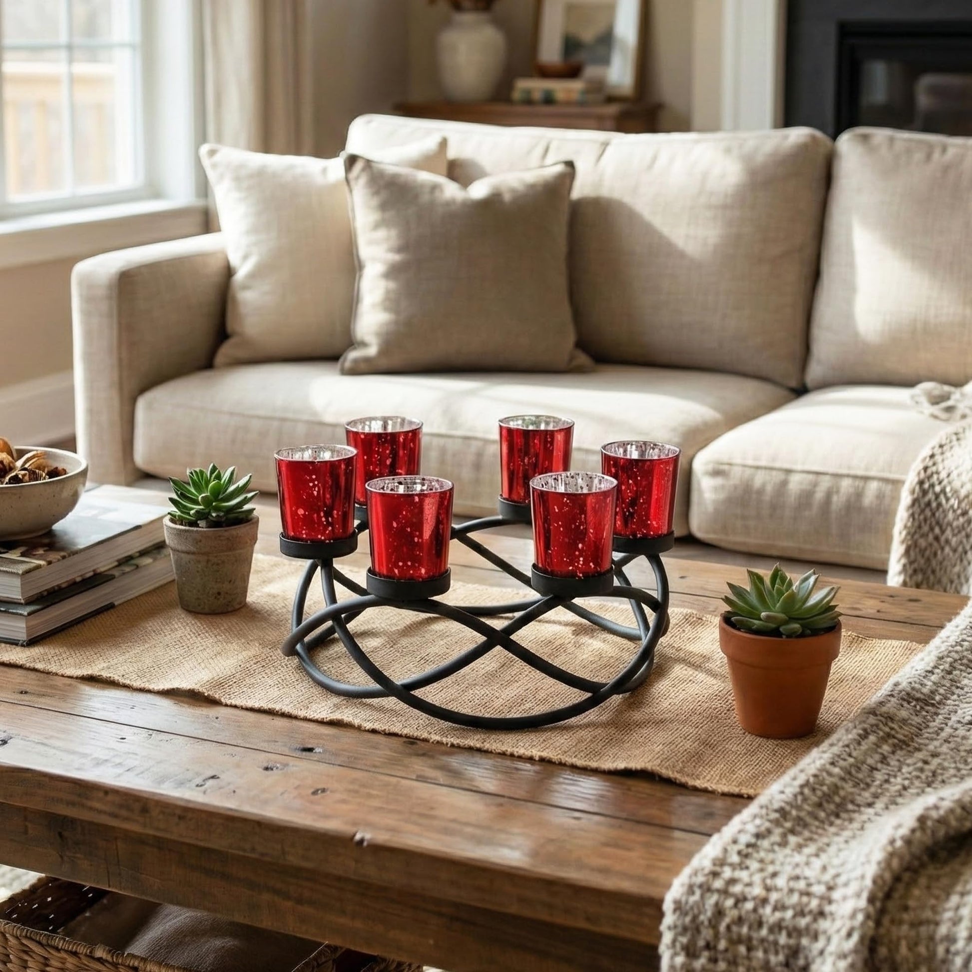 Iron Round Votive Tealight Candle Holder Centerpiece for Halloween and Christmas Decorations - Table Decor for Weddings, Outdoor Patio, Kitchen, and Coffee Tabl - Black/Red circular - PT04
