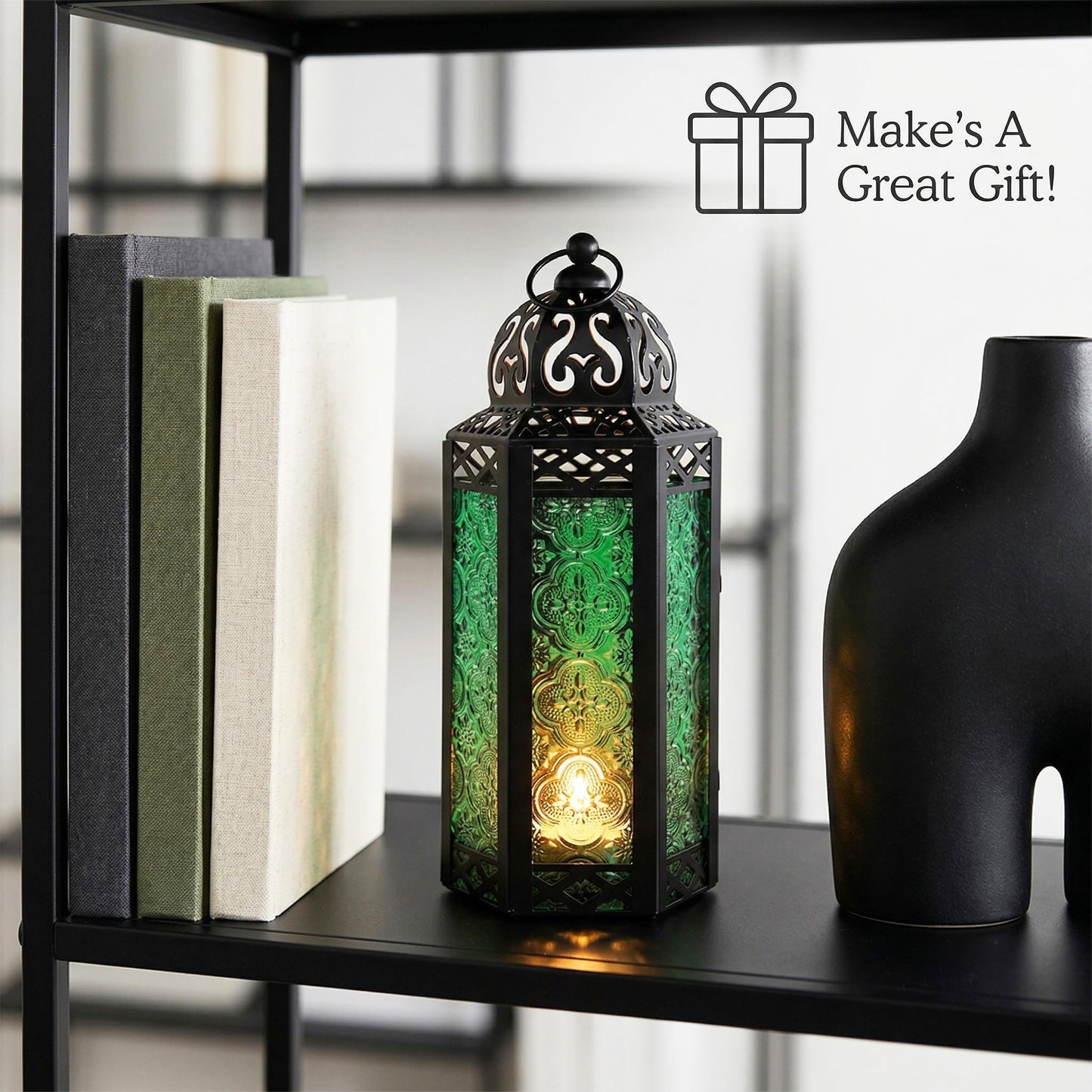 Black Metal Decorative Moroccan Lantern Candle Holder Lamp - Indoor/Outdoor, Home Decor, Patio, Weddings, Christmas - Green Medium - PT01