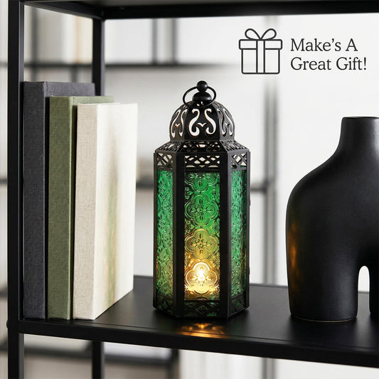 Black Metal Decorative Moroccan Lantern Candle Holder Lamp - Indoor/Outdoor, Home Decor, Patio, Weddings, Christmas - Green Medium - PT01