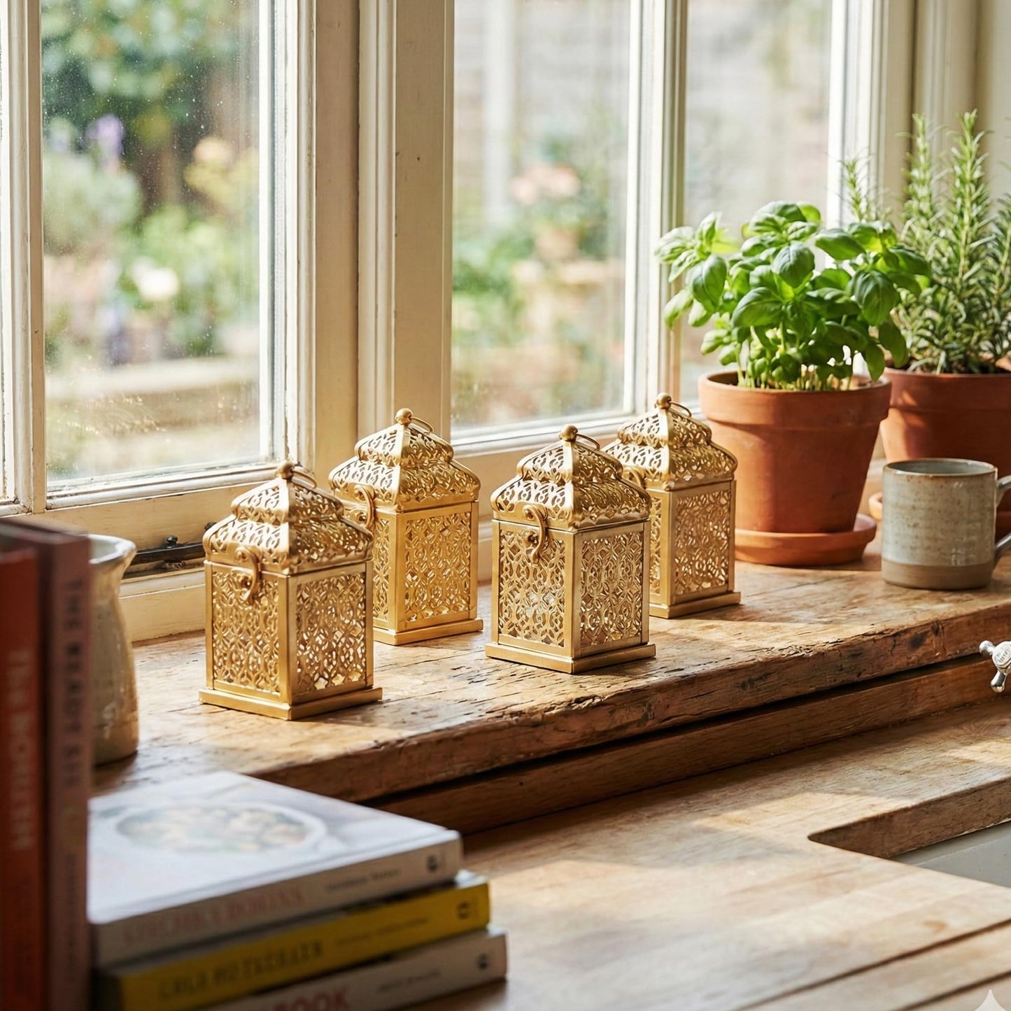 Mini Golden Tower Temple Moroccan Lantern Lamp Decorative Candle Holders for Ramadan Decorations, Hanging, Outdoor Patio or Porch, Indoor Home Decor, Set of 4 - Gold Mini - PT01