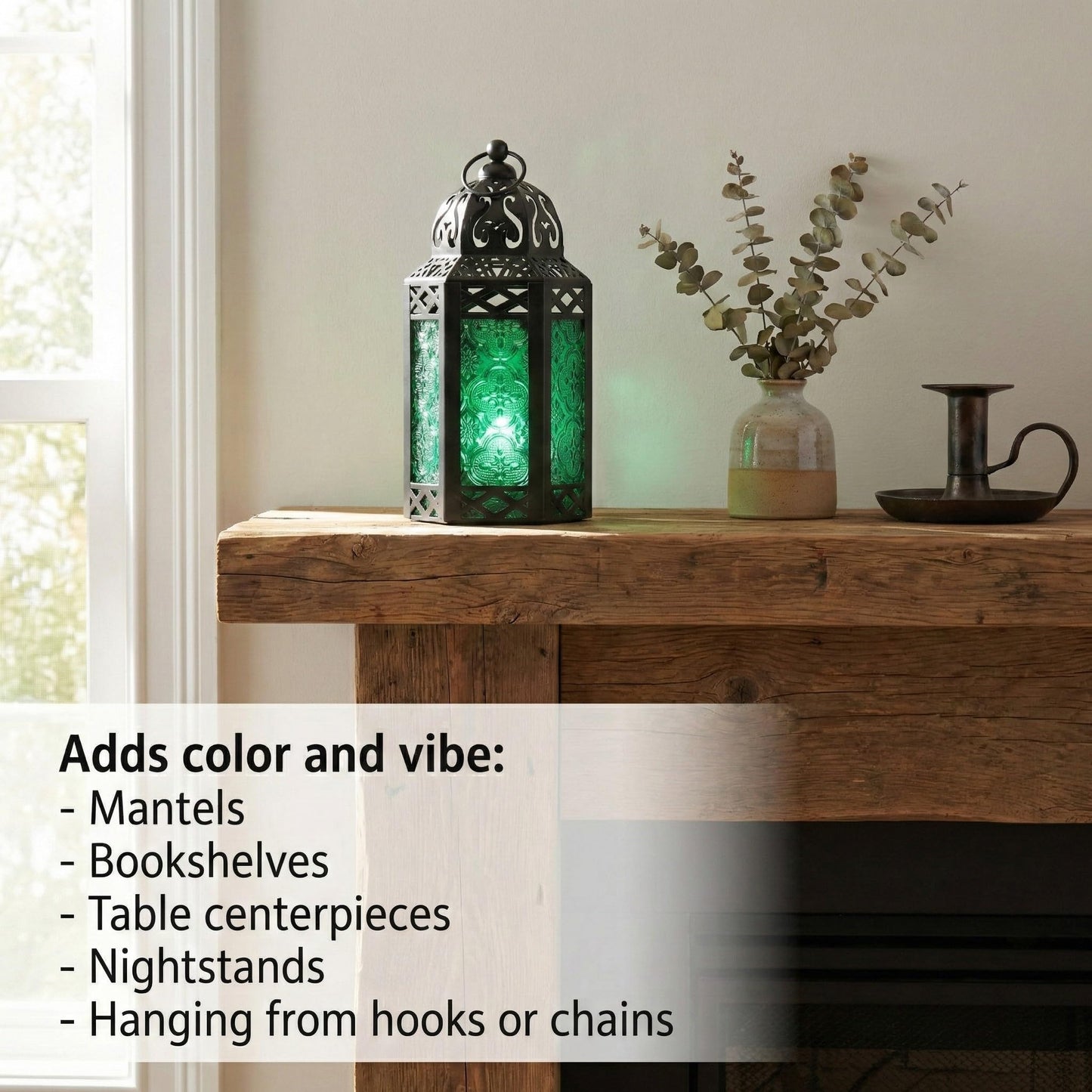 Black Metal Decorative Moroccan Lantern Candle Holder Lamp - Indoor/Outdoor, Home Decor, Patio, Weddings, Christmas - Green Small - PT03