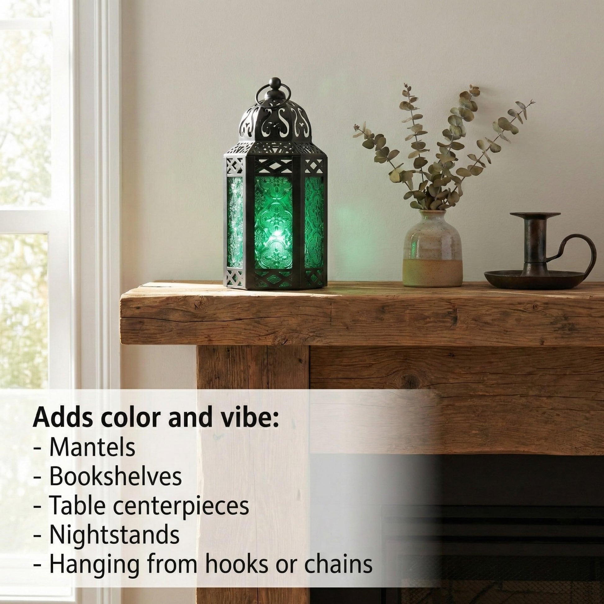 Black Metal Decorative Moroccan Lantern Candle Holder Lamp - Indoor/Outdoor, Home Decor, Patio, Weddings, Christmas - Green Small - PT03
