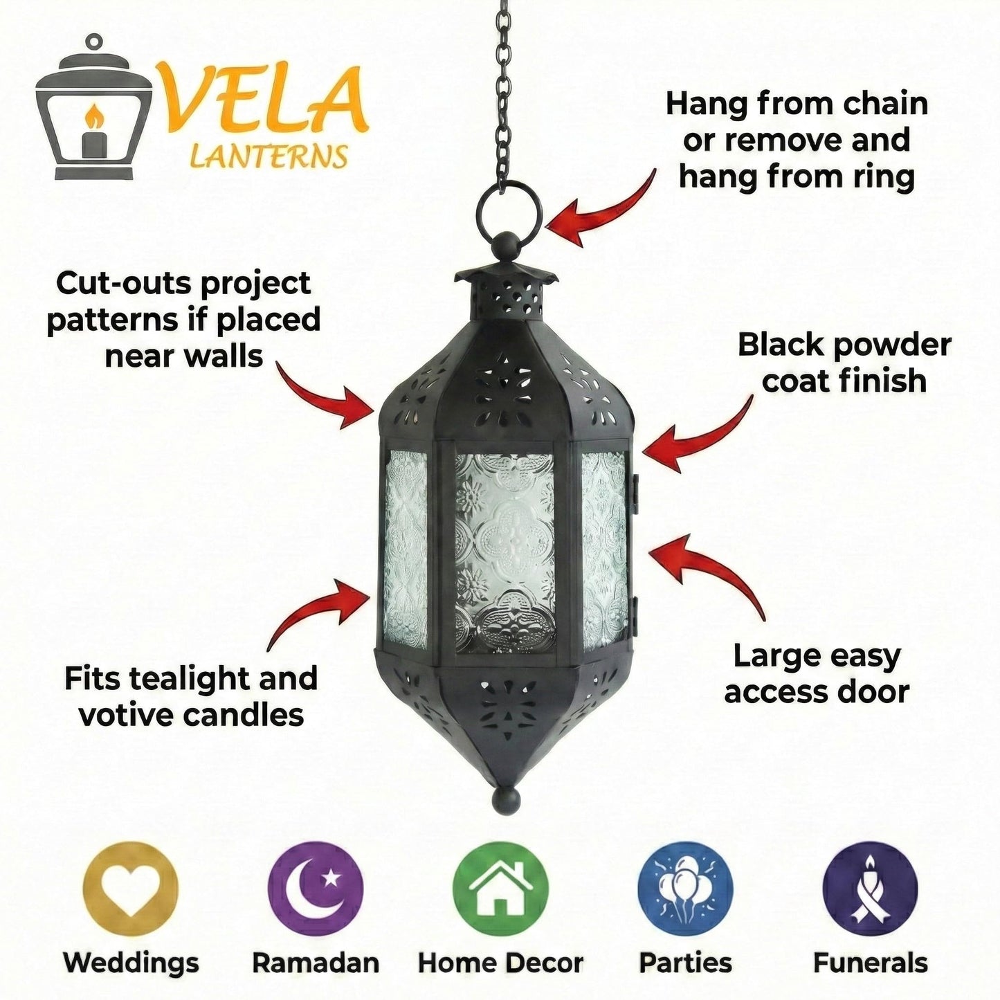 11.5" Hanging Moroccan Decorative Candle Lantern Lamp – Indoor/Outdoor Tea Light Candle Holder for Patio, Porch, Ramadan or Home Decor, Frosted Clear - Clear - PT04