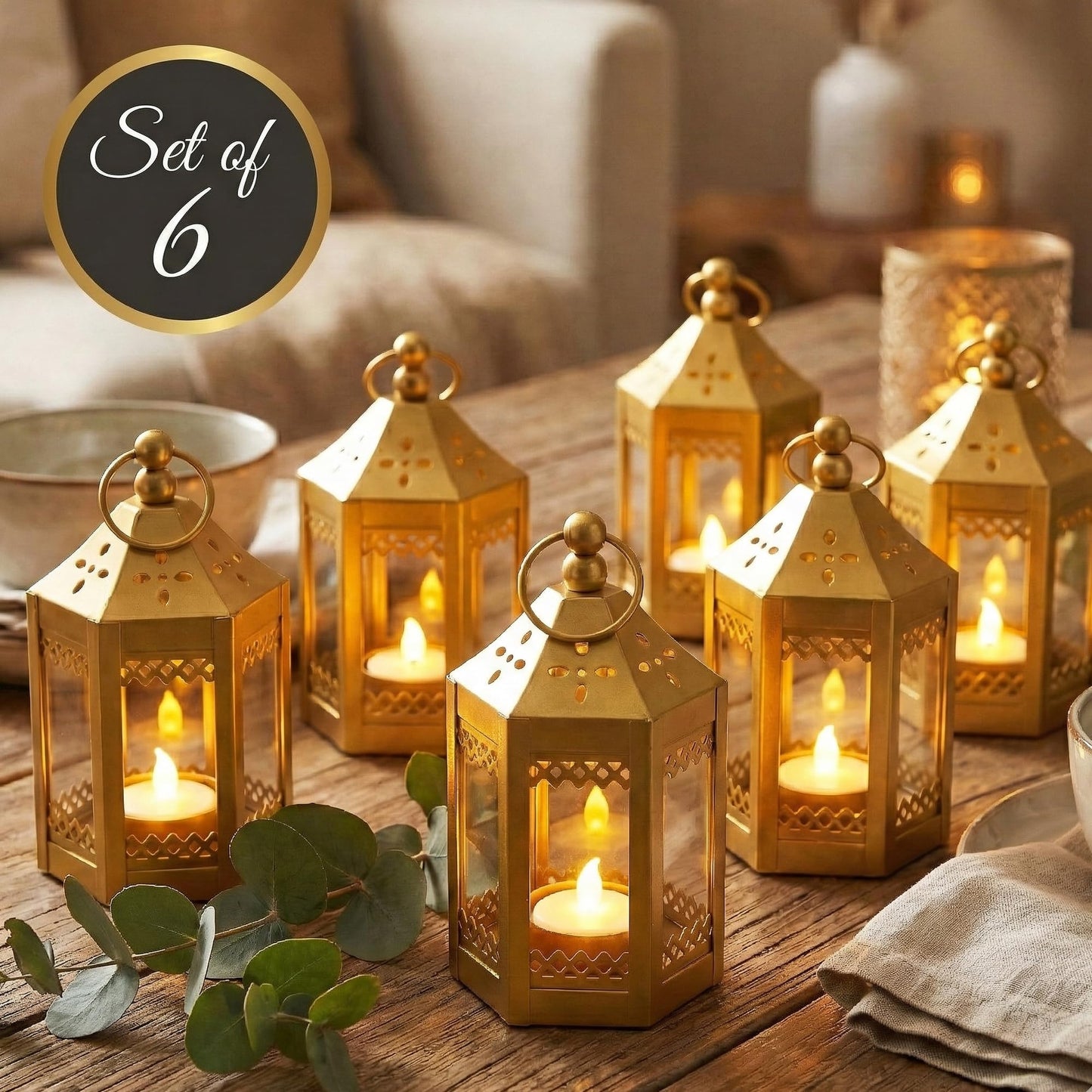 6pc Mini Small 4.5 Inch Metal Moroccan Lanterns Decorative Candle Tealight Holders for Centerpieces, Ramadan, Home Decor, Weddings, Gold - Gold Set of 6 - PT02