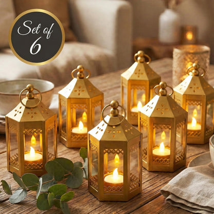 6pc Mini Small 4.5 Inch Metal Moroccan Lanterns Decorative Candle Tealight Holders for Centerpieces, Ramadan, Home Decor, Weddings, Gold - Gold Set of 6 - PT02