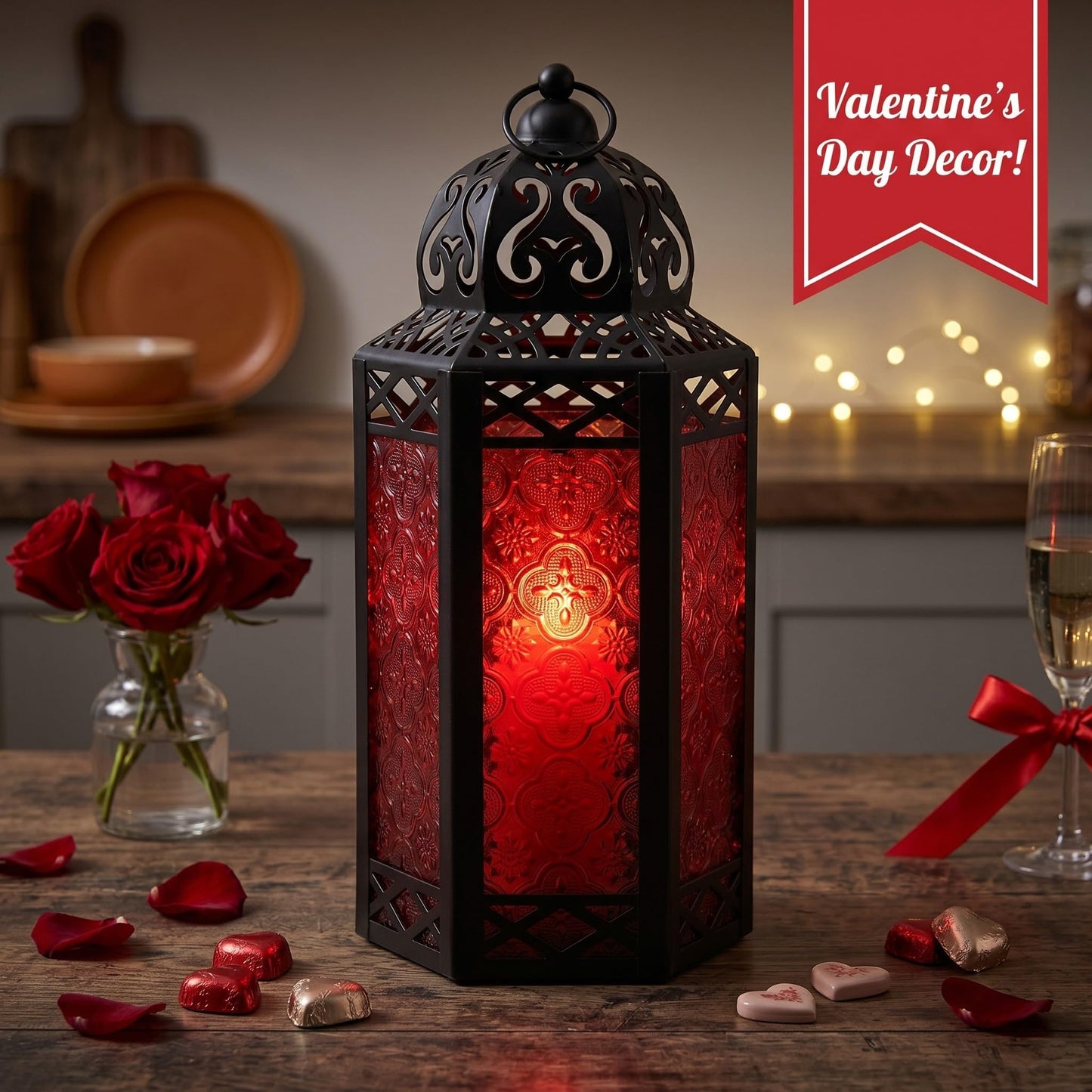 Black Metal Decorative Moroccan Lantern Candle Holder Lamp - Indoor/Outdoor, Home Decor, Patio, Weddings, Christmas - Red Large - PT08