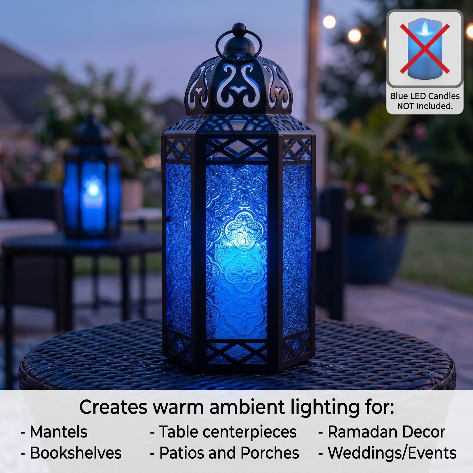 Black Metal Decorative Moroccan Lantern Candle Holder Lamp - Indoor/Outdoor, Home Decor, Patio, Weddings, Christmas - Cobalt Large - PT03