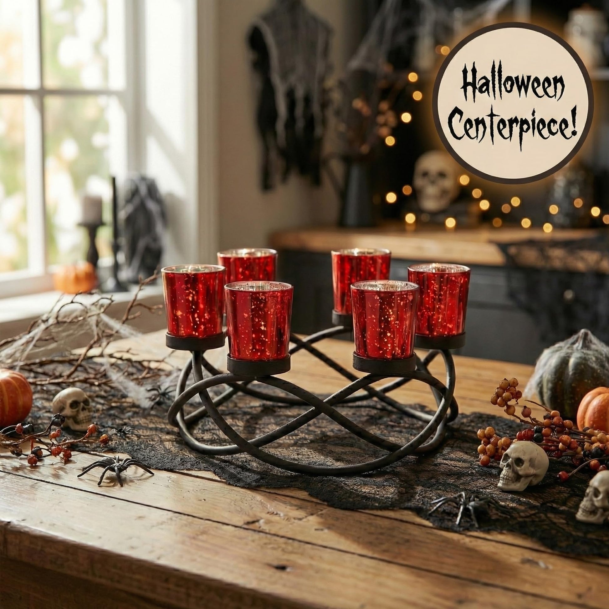Iron Round Votive Tealight Candle Holder Centerpiece for Halloween and Christmas Decorations - Table Decor for Weddings, Outdoor Patio, Kitchen, and Coffee Tabl - Black/Red circular - PT06