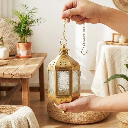 Hanging Moroccan Decorative Candle Lantern Holders for Outdoor Décor - Gold Hanging - PT04