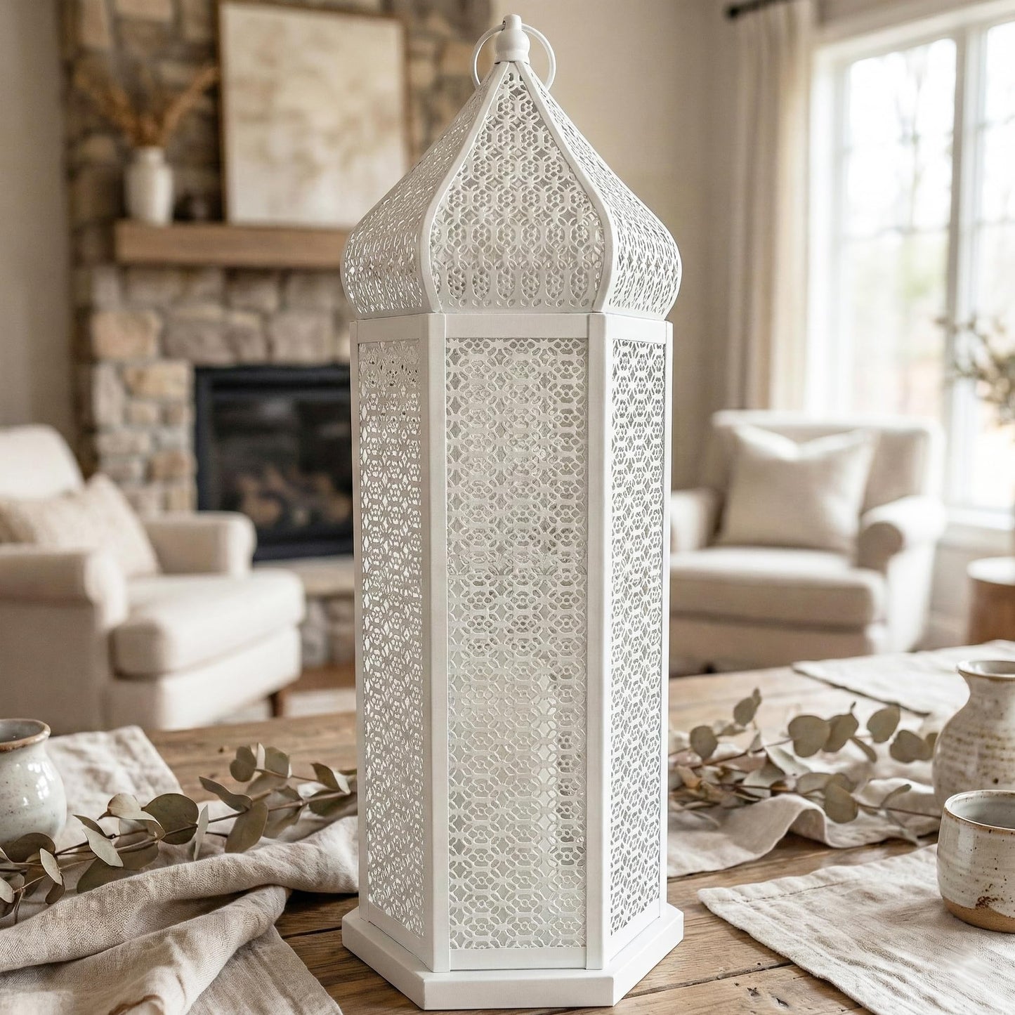 Tower Temple Moroccan Lantern Lamp Decorative Candle Holders - White Extra Large - MAIN
