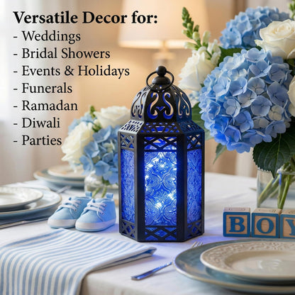 Black Metal Decorative Moroccan Lantern Candle Holder Lamp - Indoor/Outdoor, Home Decor, Patio, Weddings, Christmas - Cobalt Small - PT05