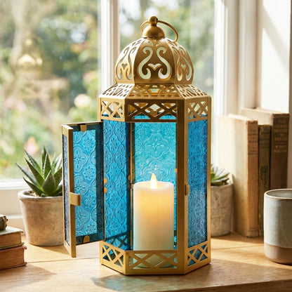 Gold Metal Decorative Moroccan Lantern Candle Holder Lamp - Indoor/Outdoor, Home Decor, Patio, Weddings, Christmas - Gold/Blue Large - PT03