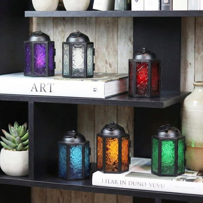 Mini Moroccan Tea Light Candle Holder Lanterns – 4.25" Small Decorative Lantern for Table or Hanging, Metal with Glass Panels – Ramadan, Wedding, Home Decor, As - Assorted Colors 6 - PT02