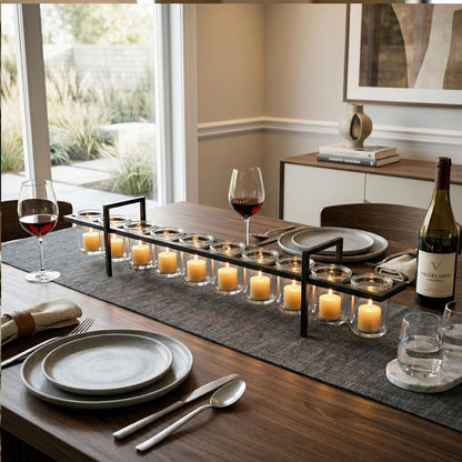 10-Cup Rustic Modern Floating Candle Holder Table Centerpiece Decoration for Dining Room, Kitchen, Patio, Weddings, Metal Iron with Glass Cups, 33" Extra Long - Black With Gold Brush 10-Cup - PT02