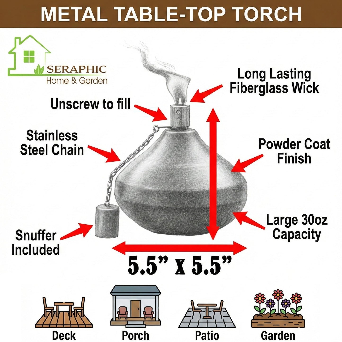 Citronella Torch Candles for Outdoor Patio and Deck - 30oz Large Table Top Stainless Steel Metal Burner Torches for Outside, Black Finish - Black Finish 1 Count - PT04