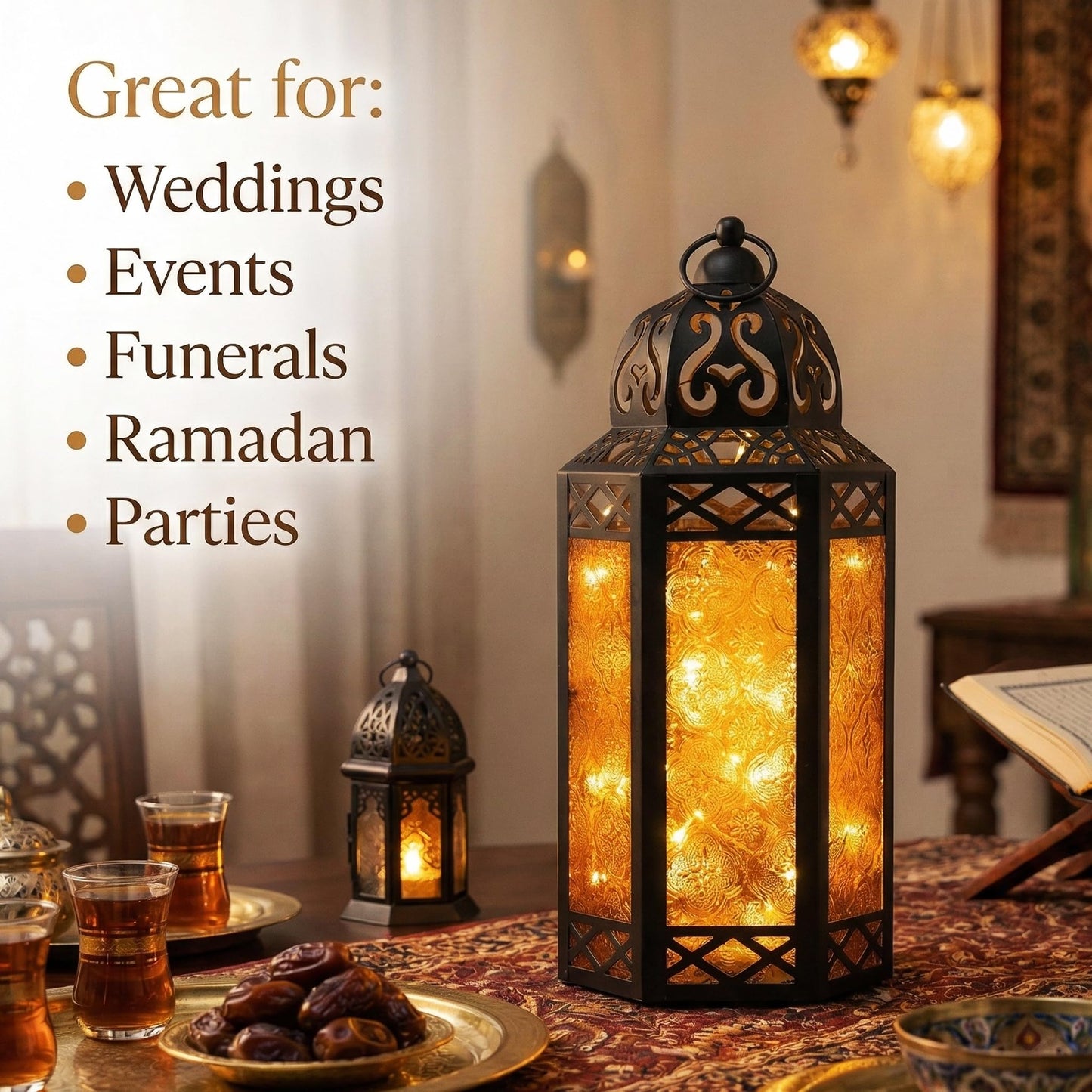 Metal Moroccan Decorative LED Fairy Lights Candle Lantern Holders for Indoor Home Fantasy Decor, Table Centerpieces, Outdoor Patio or Porch, Weddings, Medium - Amber Large - PT07