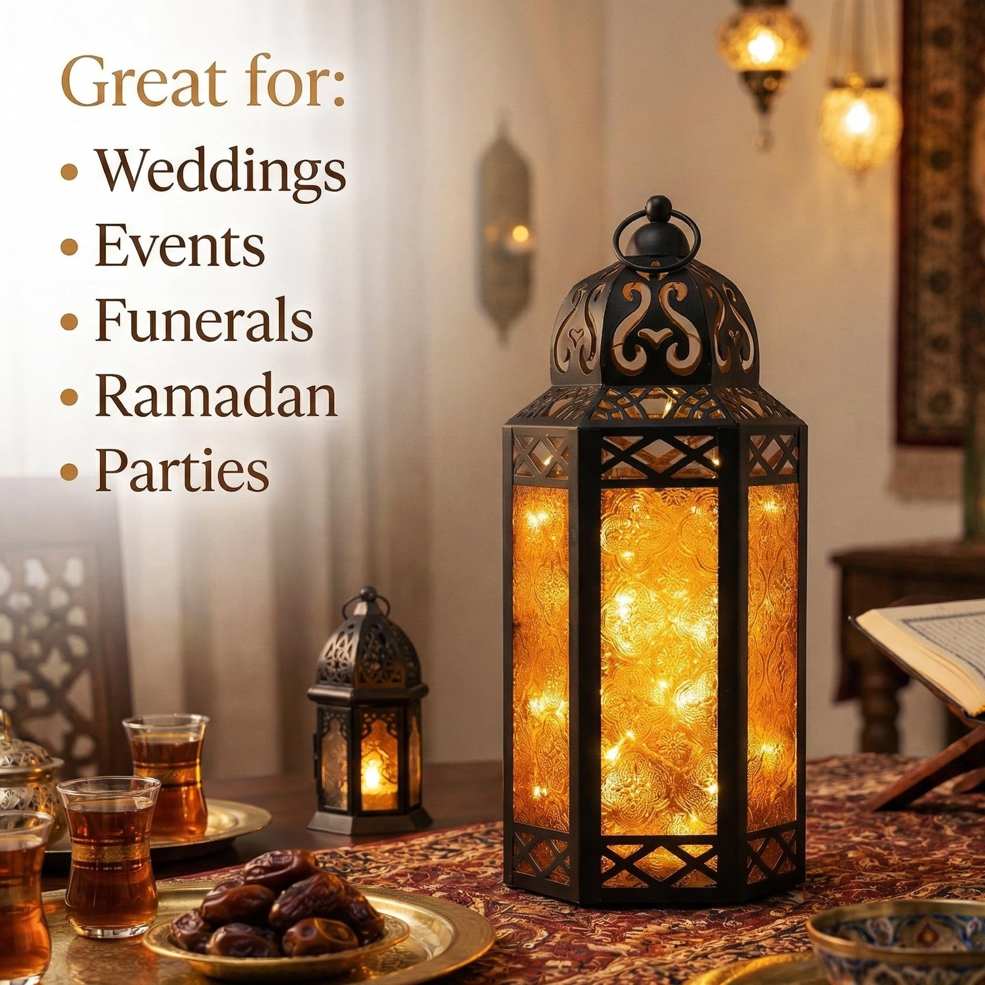Metal Moroccan Decorative LED Fairy Lights Candle Lantern Holders for Indoor Home Fantasy Decor, Table Centerpieces, Outdoor Patio or Porch, Weddings, Medium - Amber Large - PT07
