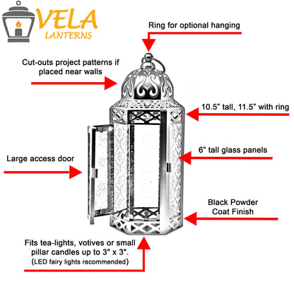 Black Metal Decorative Moroccan Lantern Candle Holder Lamp - Indoor/Outdoor, Home Decor, Patio, Weddings, Christmas - Yellow Medium - PT05