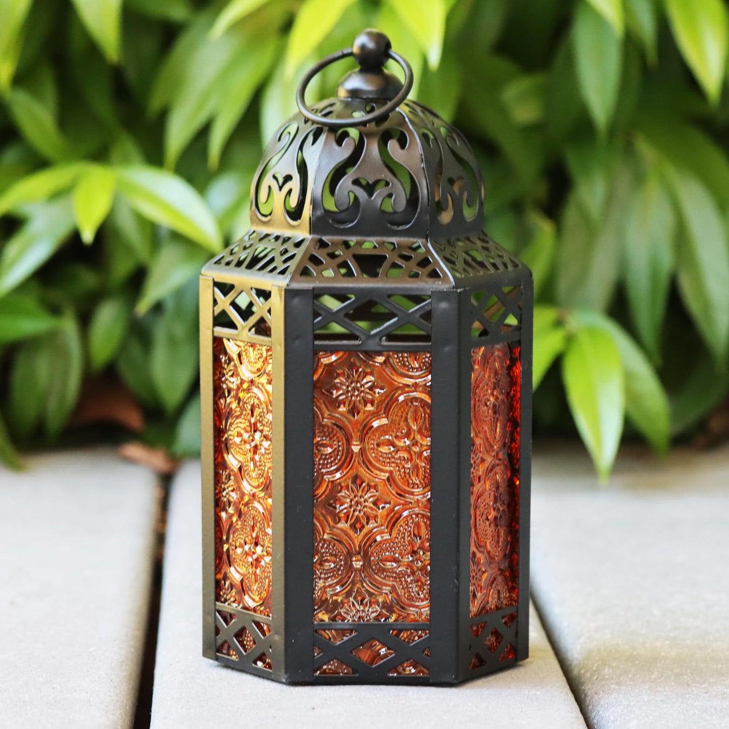 Set of 3 Amber/Orange Glass & Black Metal Moroccan Candle Lantern Holders (XL, Large, Small) - Decorative Indoor/Outdoor Decor for Patio, Floor, Weddings & Rama - Amber XL-LAR-SM - PT06