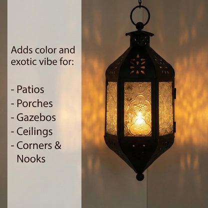 11.5" Hanging Moroccan Decorative Candle Lantern Lamp – Indoor/Outdoor Tea Light Candle Holder for Patio, Porch, Ramadan or Home Decor, Frosted Clear - Clear - PT01