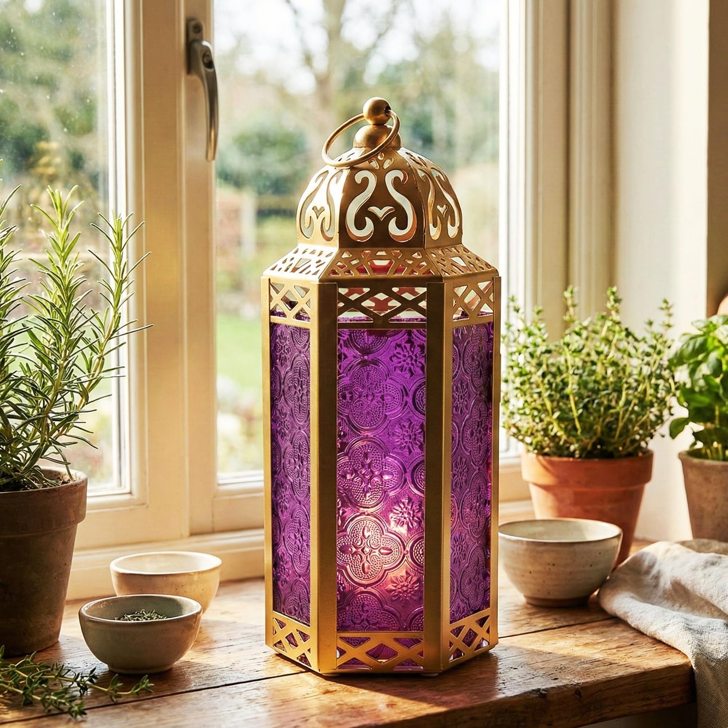 Gold Metal Decorative Moroccan Lantern Candle Holder Lamp - Indoor/Outdoor, Home Decor, Patio, Weddings, Christmas - Gold/Purple Medium - PT05