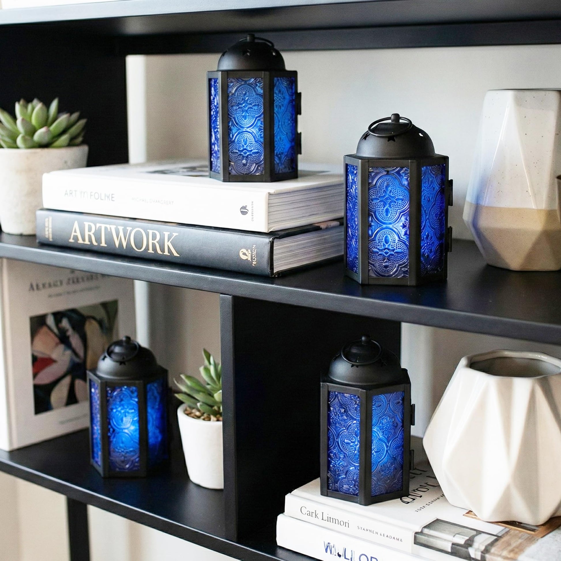 Mini Moroccan Tea Light Candle Holder Lanterns – 4.25" Small Decorative Lantern for Table or Hanging, Metal with Glass Panels – Ramadan, Wedding, Home Decor, Co - Cobalt Blue 4 - PT06