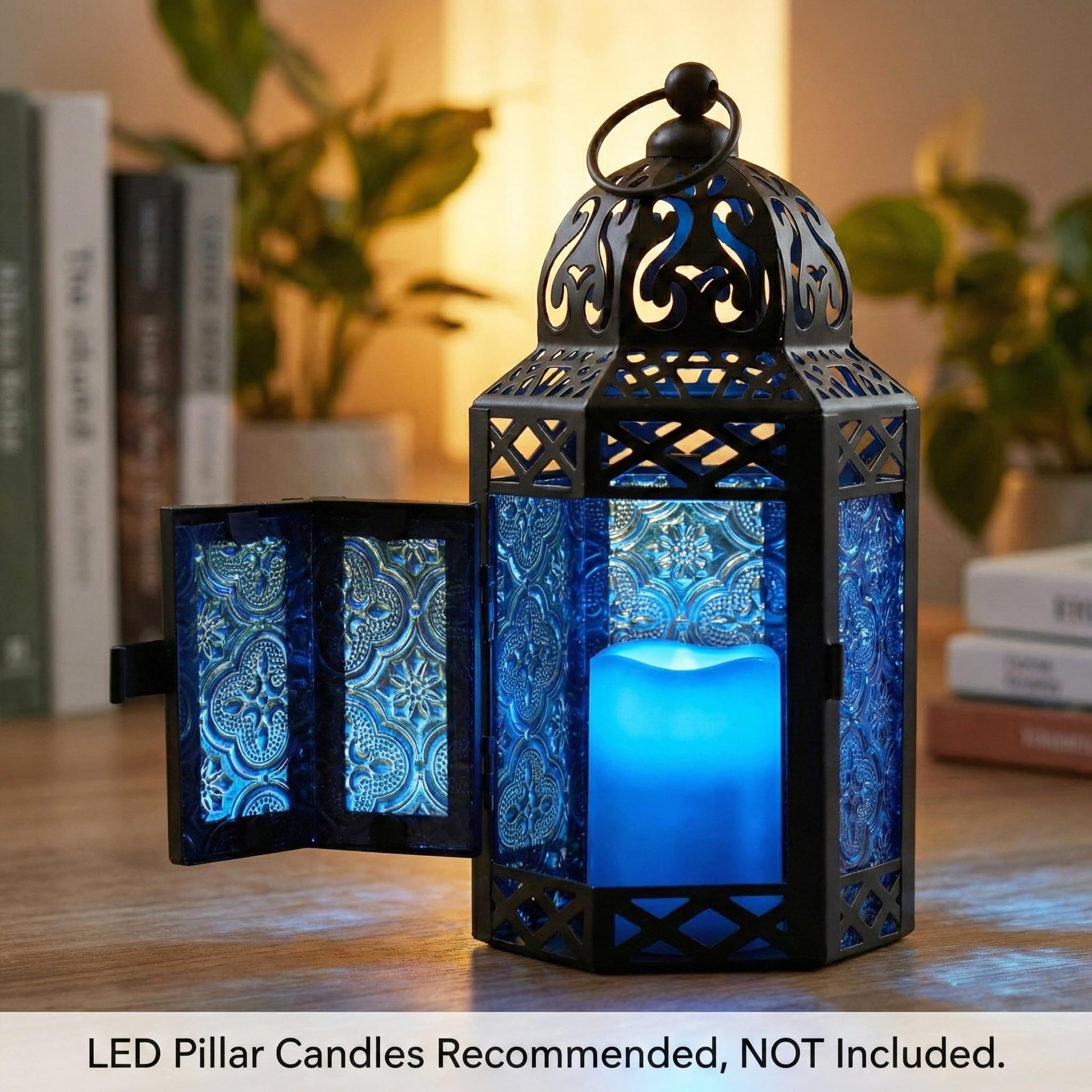Black Metal Decorative Moroccan Lantern Candle Holder Lamp - Indoor/Outdoor, Home Decor, Patio, Weddings, Christmas - Cobalt Small - PT07