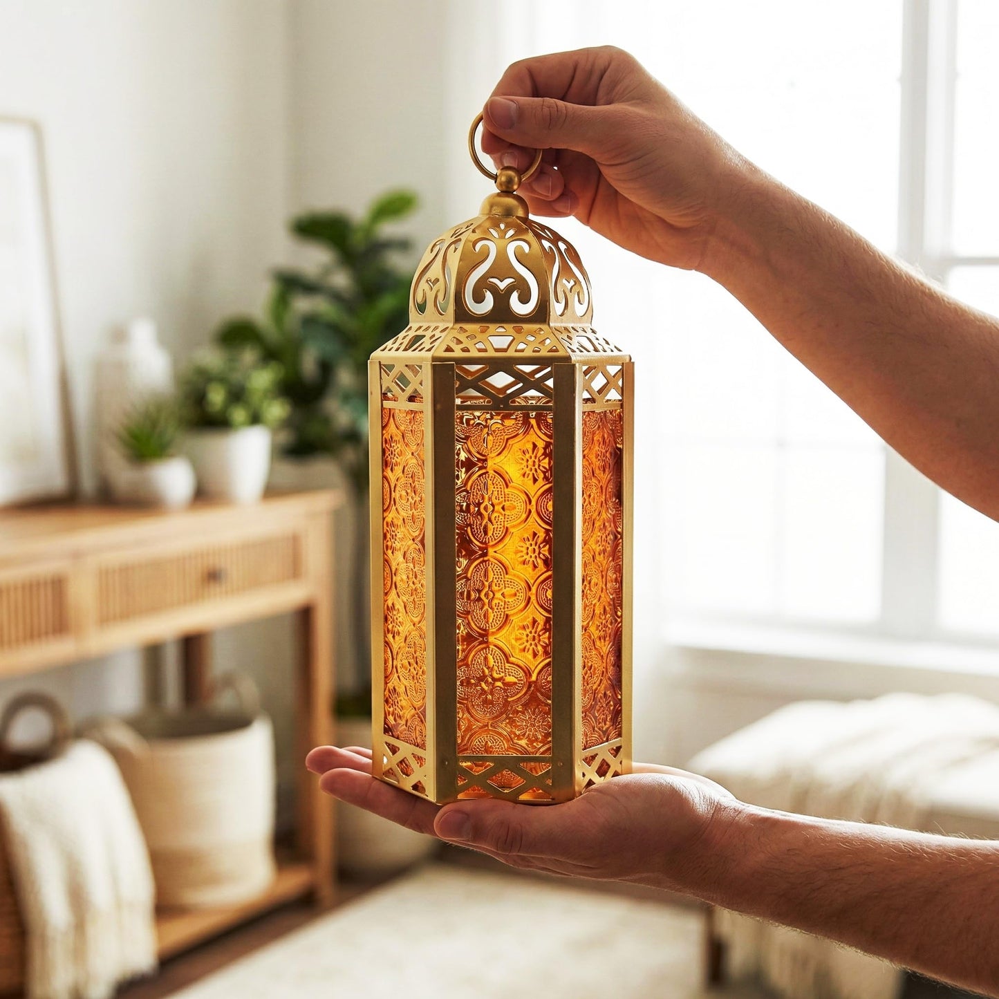 Gold Metal Decorative Moroccan Lantern Candle Holder Lamp - Indoor/Outdoor, Home Decor, Patio, Weddings, Christmas - Gold/Amber Medium - PT05